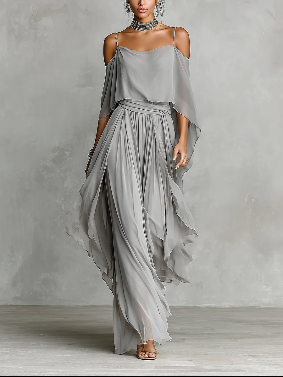 Gray off-shoulder flowy camisole and pants chiffon set