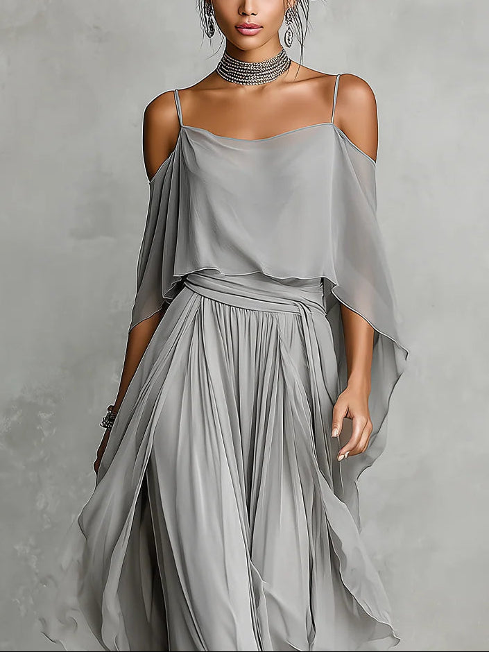 Gray off-shoulder flowy camisole and pants chiffon set