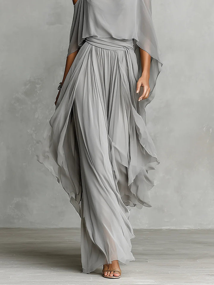 Gray off-shoulder flowy camisole and pants chiffon set