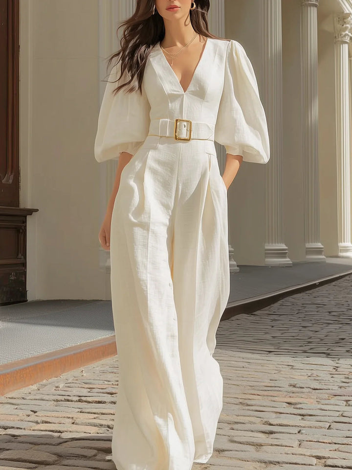 White V-neck Lantern Sleeve Wide Leg Jumpsuit (Includes Belt)