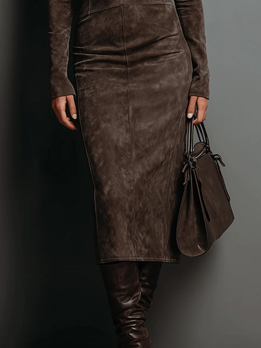 Marcelle Luxe™ | Contour Suede Turtleneck Midi Dress