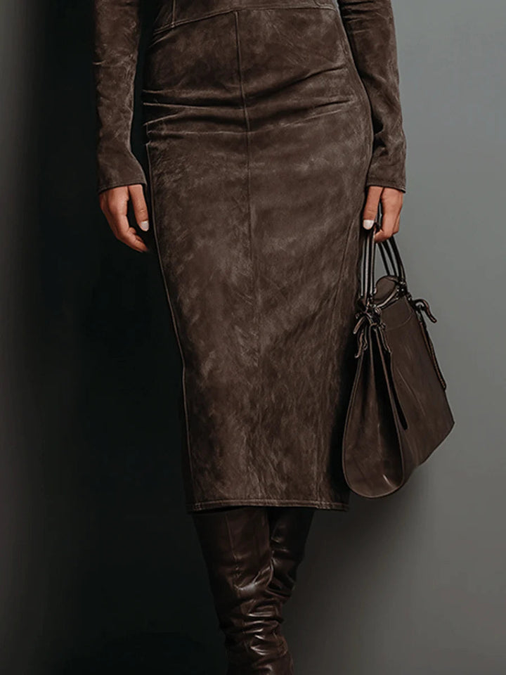 Marcelle Luxe™ | Contour Suede Turtleneck Midi Dress