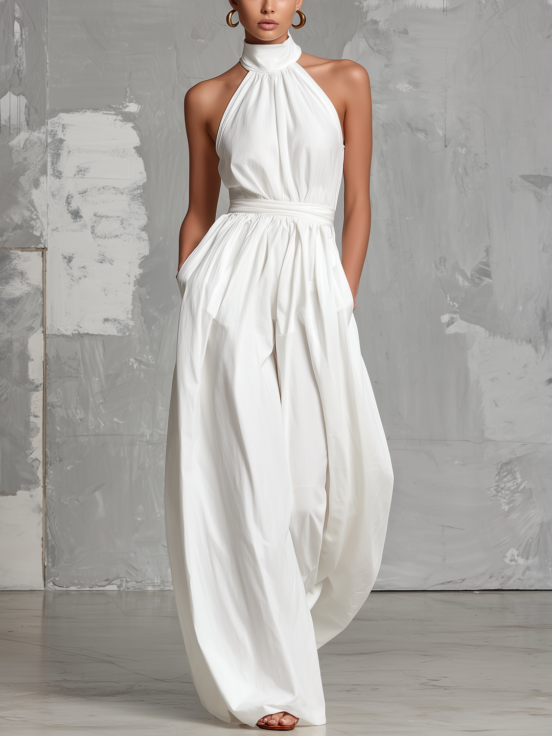 Fiamma | Elegant white jumpsuit in woven fabric with sleeveless halter neck