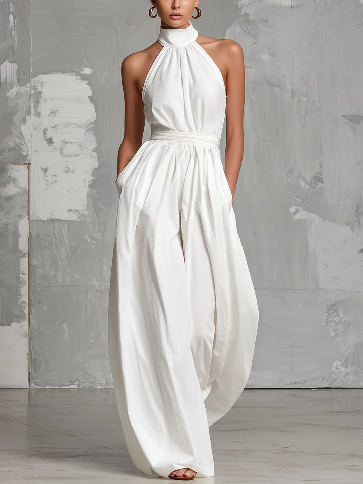 Fiamma | Elegant white jumpsuit in woven fabric with sleeveless halter neck