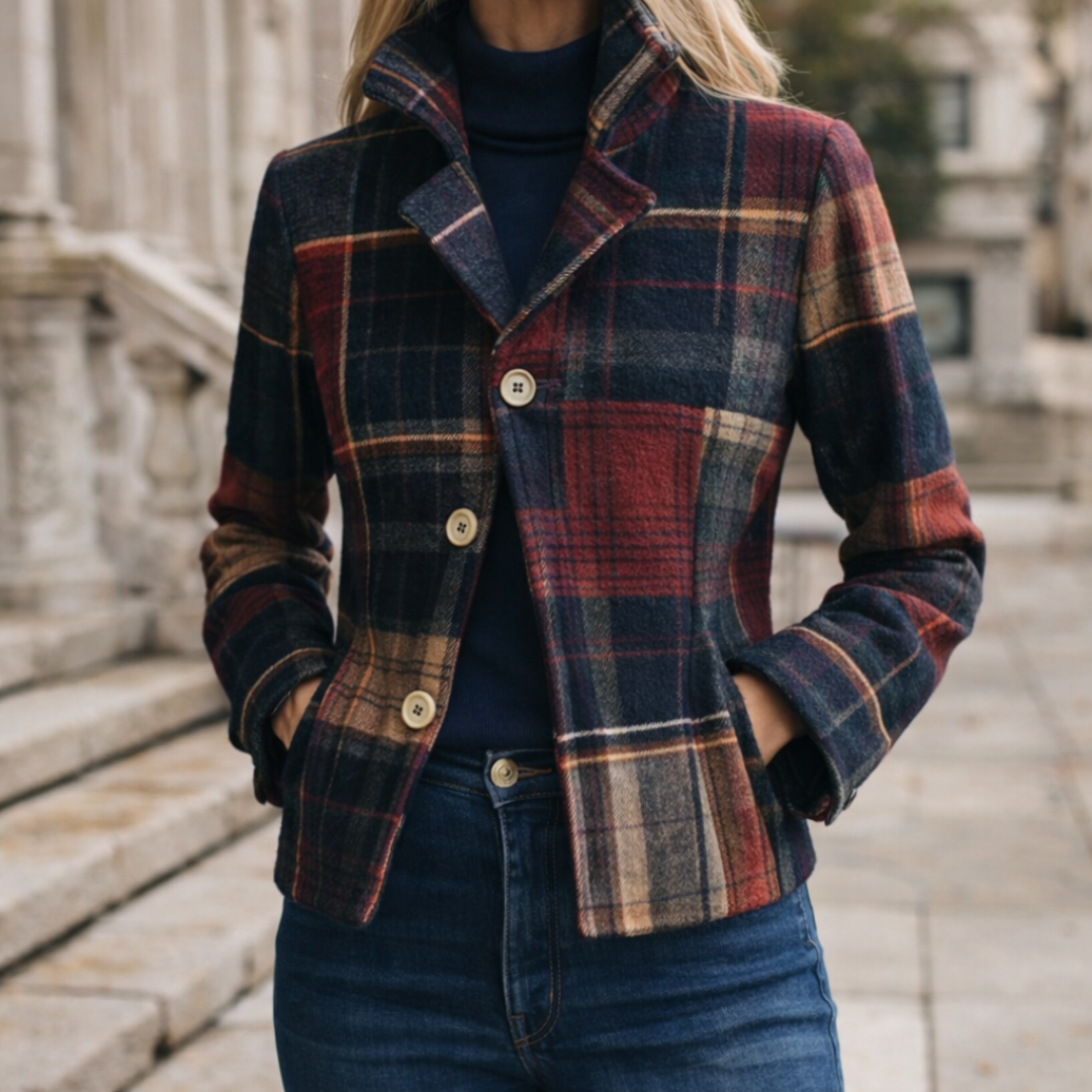 Natalie – Collared Checked Mid-Length Jacket