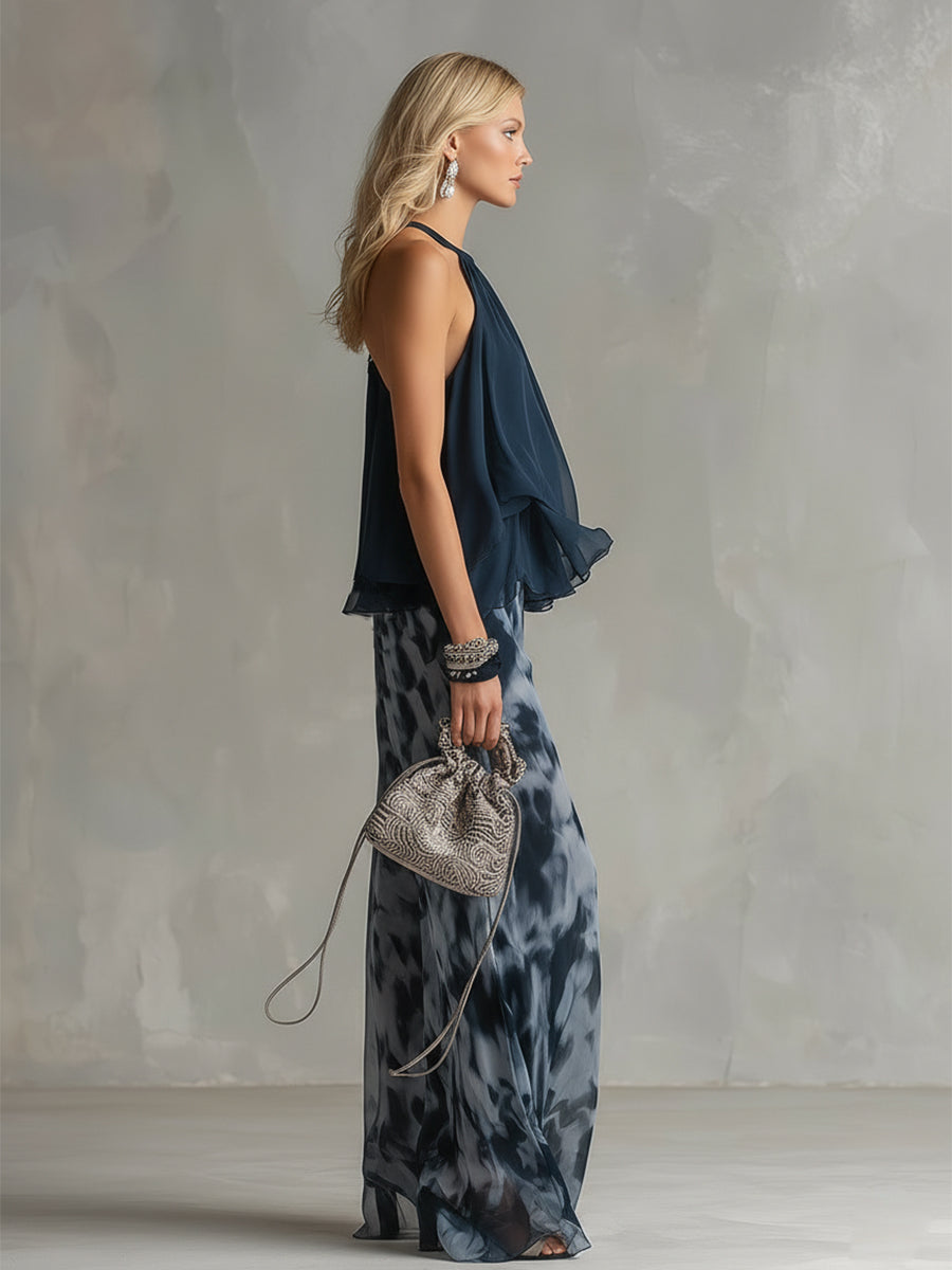 Ludovica - elegant in chiffon with a high-neck top and wide printed pants