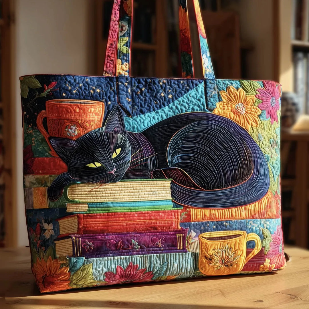 Artisan Tote - Black Cat with Books and Mugs