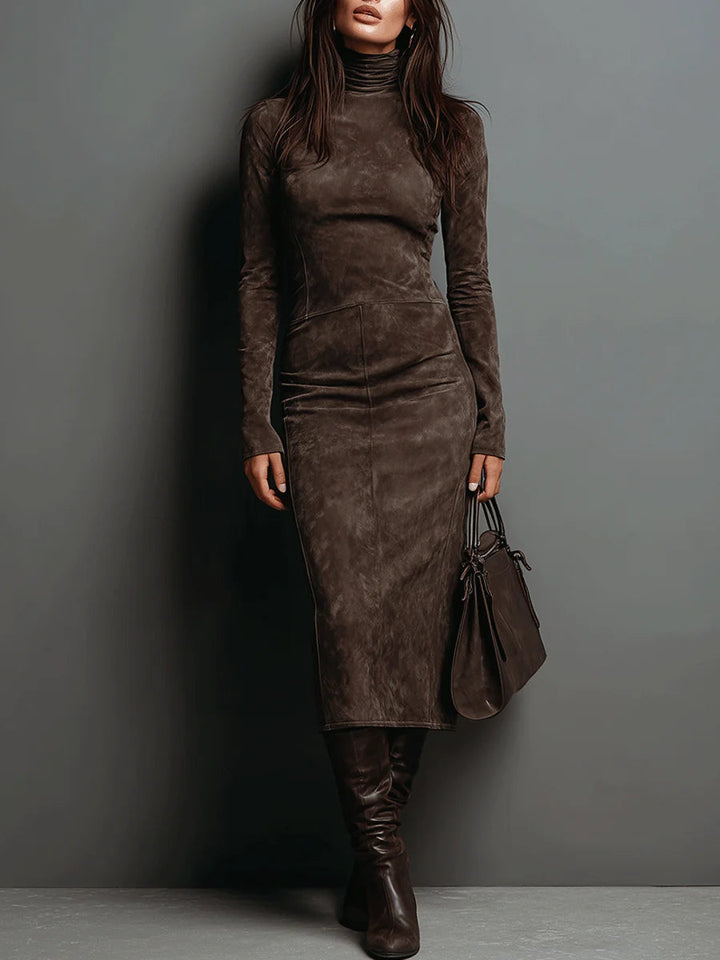 Marcelle Luxe™ | Contour Suede Turtleneck Midi Dress