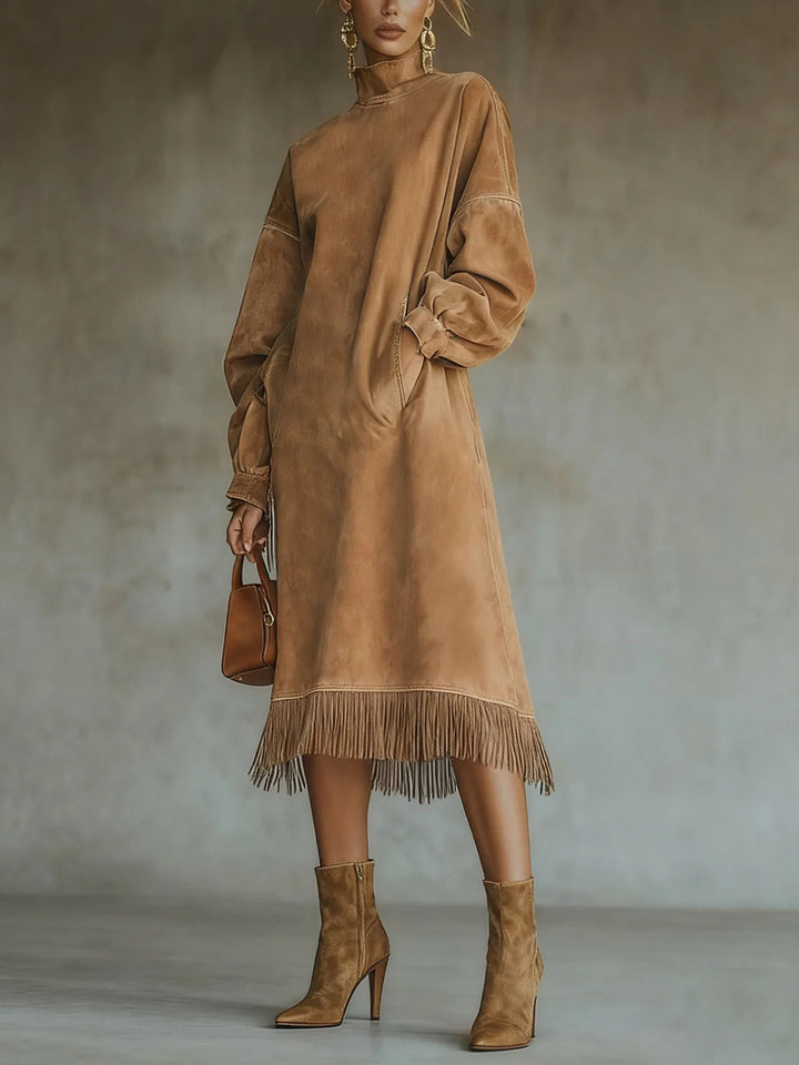 Aurelia Fringe™ | Vintage Suede High-Neck Midi Dress