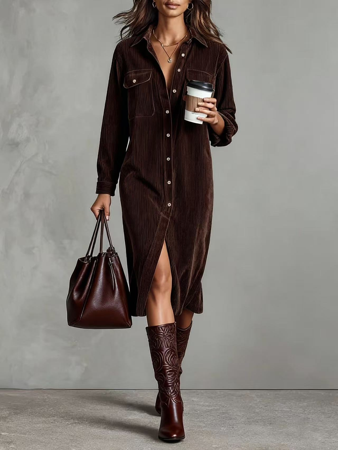 Isla Charcoal™ Vintage Corduroy Midi Shirt Dress