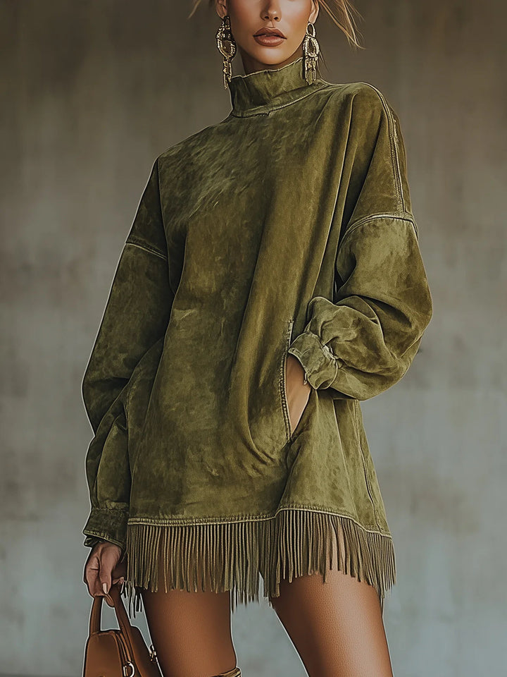Savana Fringe™ | Vintage Suede Turtleneck Mini Dress