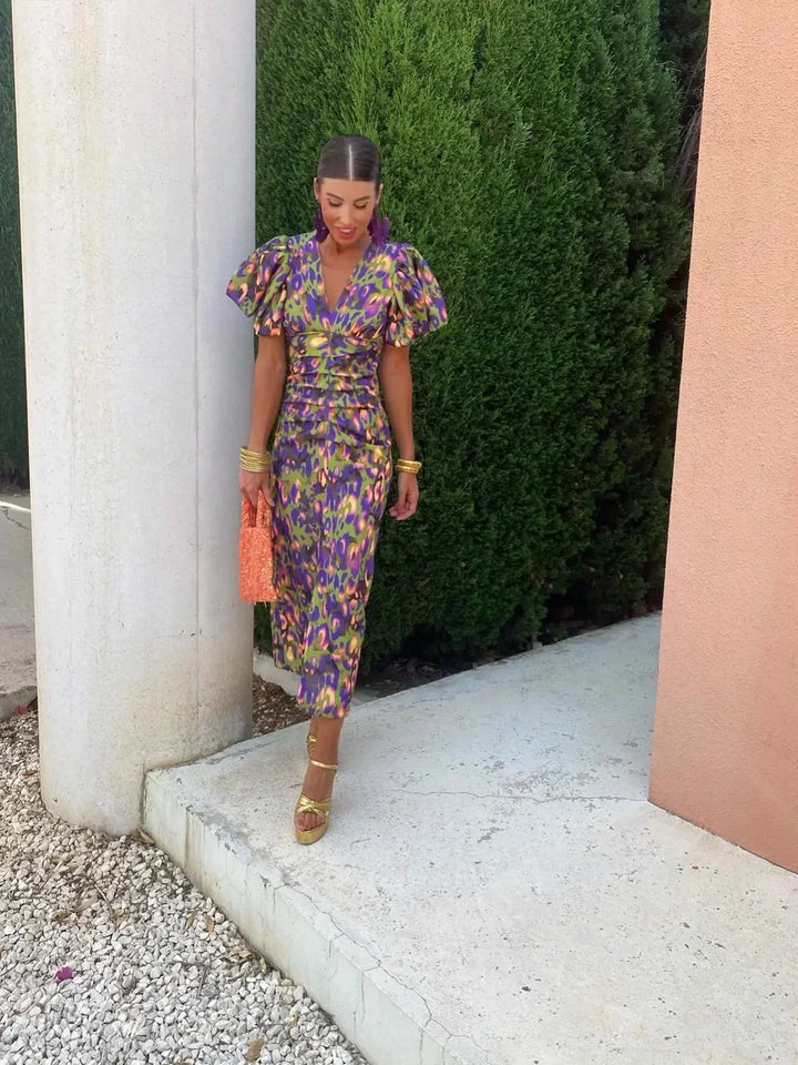 Loren - Vibrant Midi Dress with Balloon Sleeves