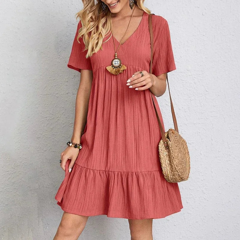 MARY | Boho Chic V Neck Ruffle Hem Mini Dress