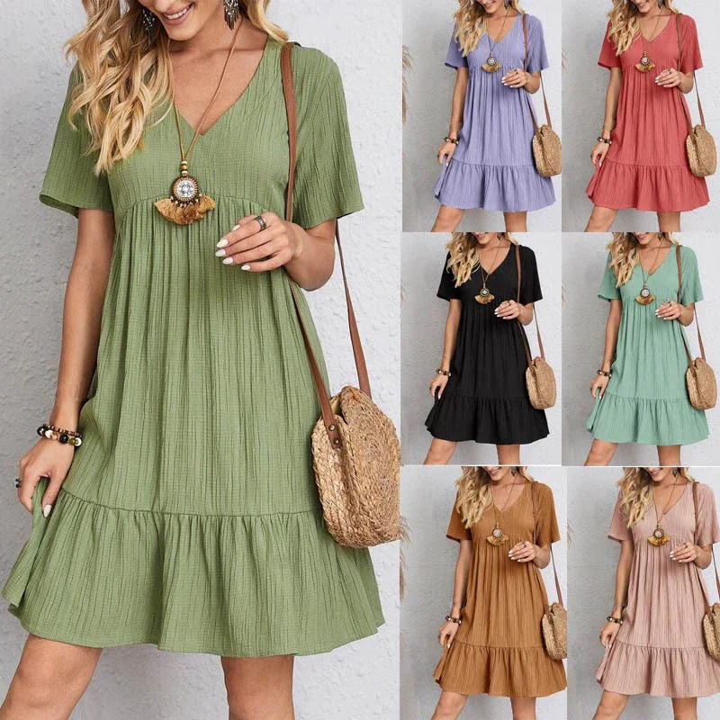 MARY | Boho Chic V Neck Ruffle Hem Mini Dress