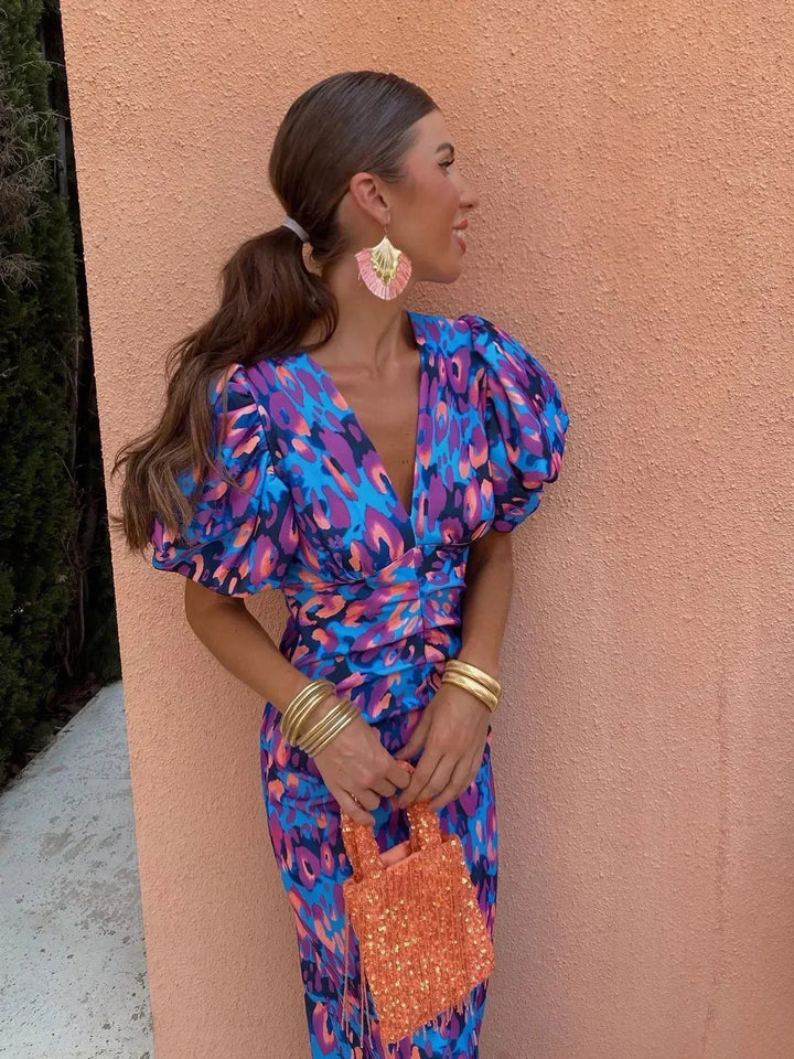 Loren - Vibrant Midi Dress with Balloon Sleeves