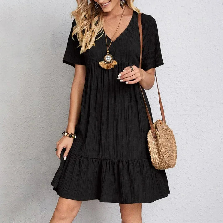 MARY | Boho Chic V Neck Ruffle Hem Mini Dress