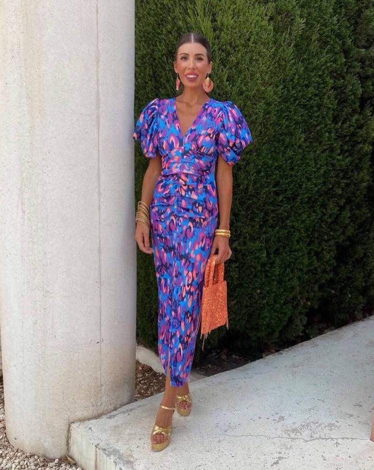 Loren - Vibrant Midi Dress with Balloon Sleeves