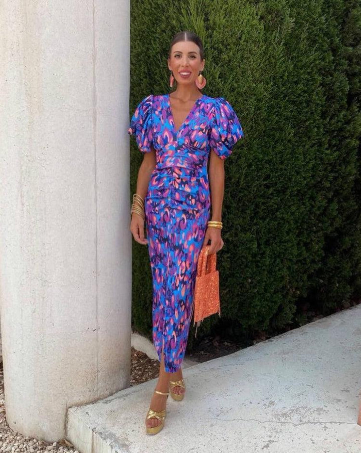 Loren - Vibrant Midi Dress with Balloon Sleeves