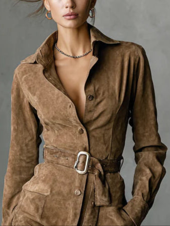 Sienna Belted Suede Button-Down Mini Dress
