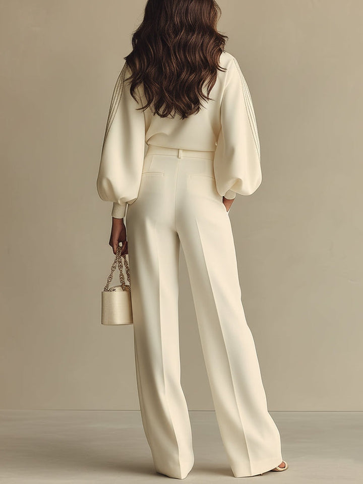 Ivory Ribbed Crew Neck Top and High Waist Wide Leg Pants Set