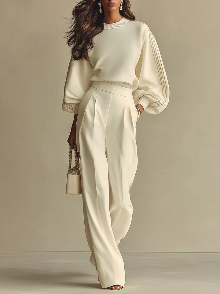 Ivory Ribbed Crew Neck Top and High Waist Wide Leg Pants Set