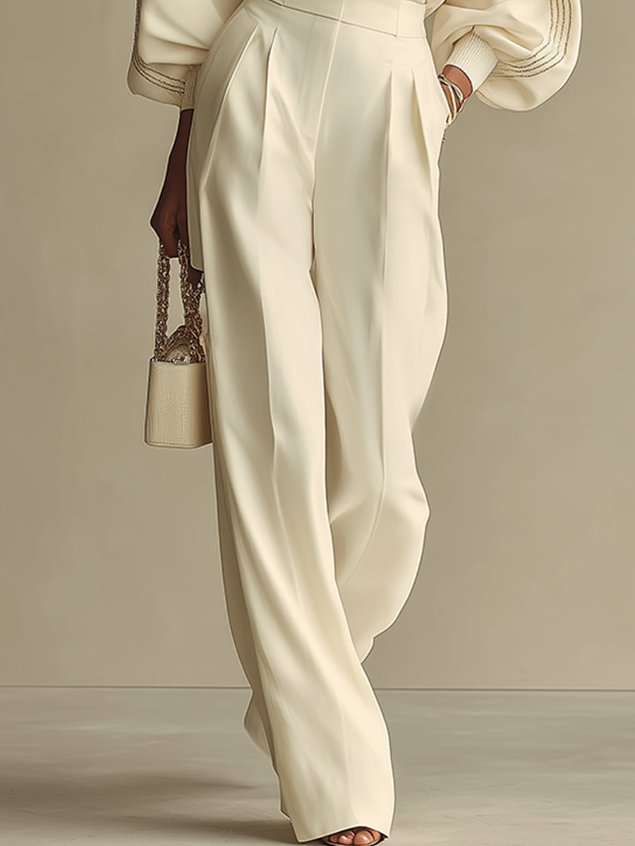 Ivory Ribbed Crew Neck Top and High Waist Wide Leg Pants Set