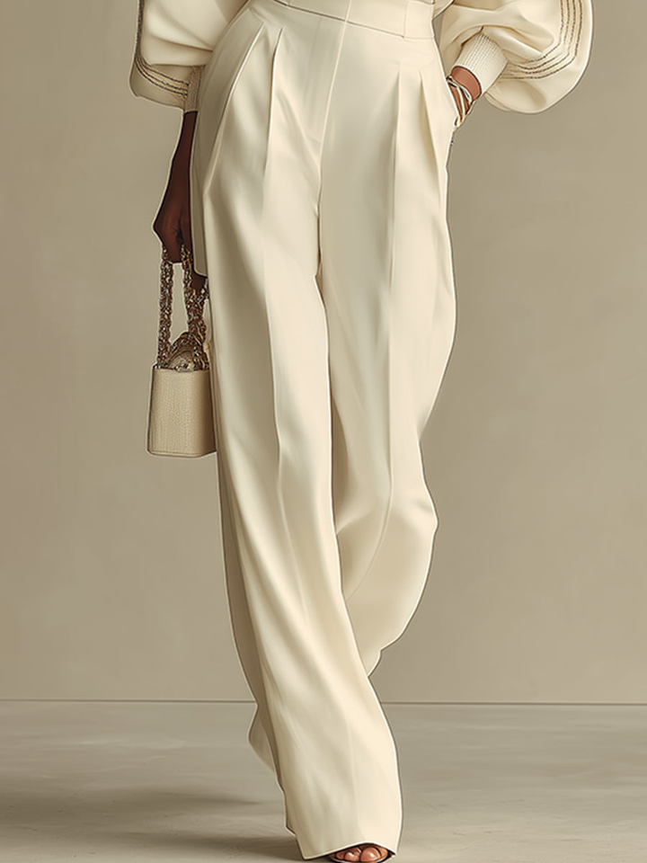 Ivory Ribbed Crew Neck Top and High Waist Wide Leg Pants Set