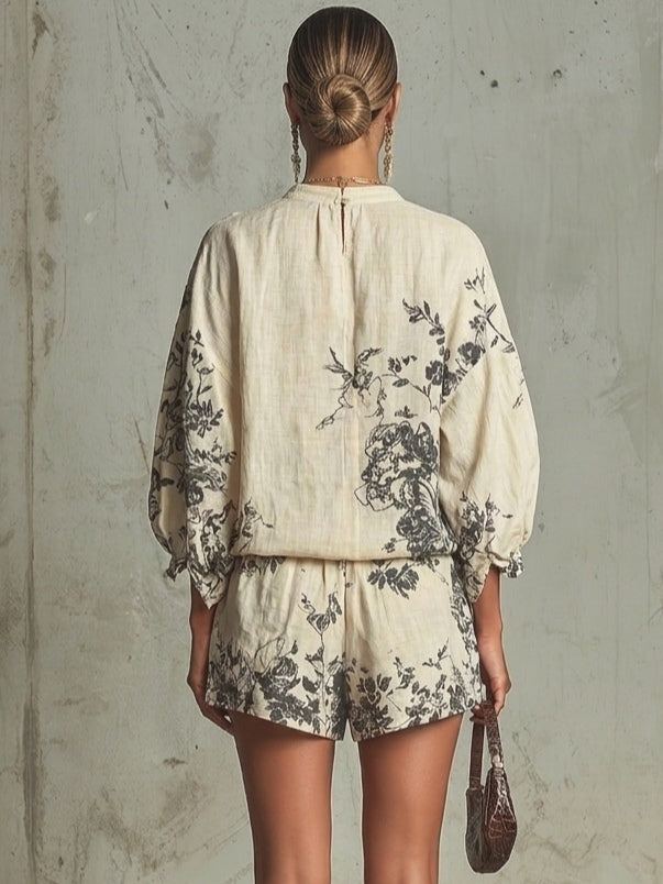 Ivory Black Floral Print Loose-Fitting Shirt and Shorts Two-Piece Set