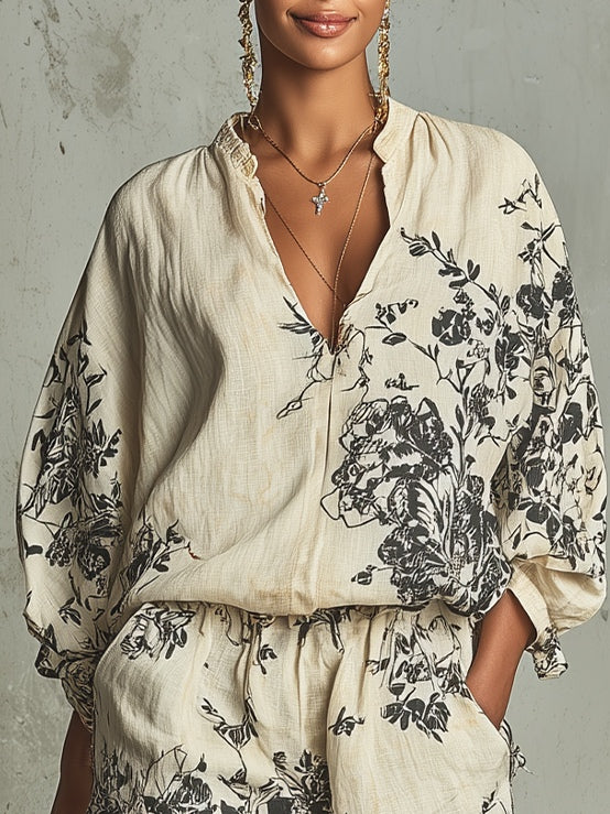 Ivory Black Floral Print Loose-Fitting Shirt and Shorts Two-Piece Set