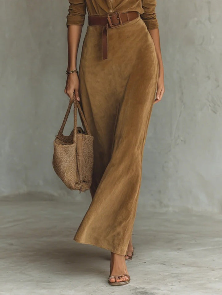 Solaire Suede™ | Elegant Vintage Maxi Shirt Dress