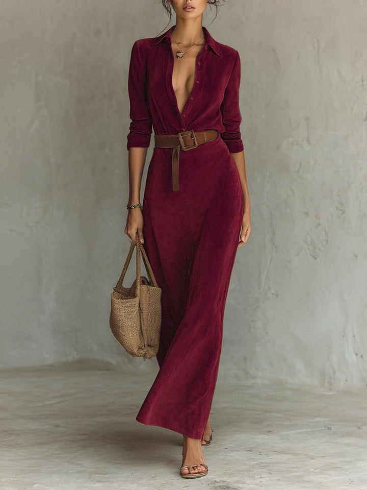 Solaire Suede™ | Elegant Vintage Maxi Shirt Dress