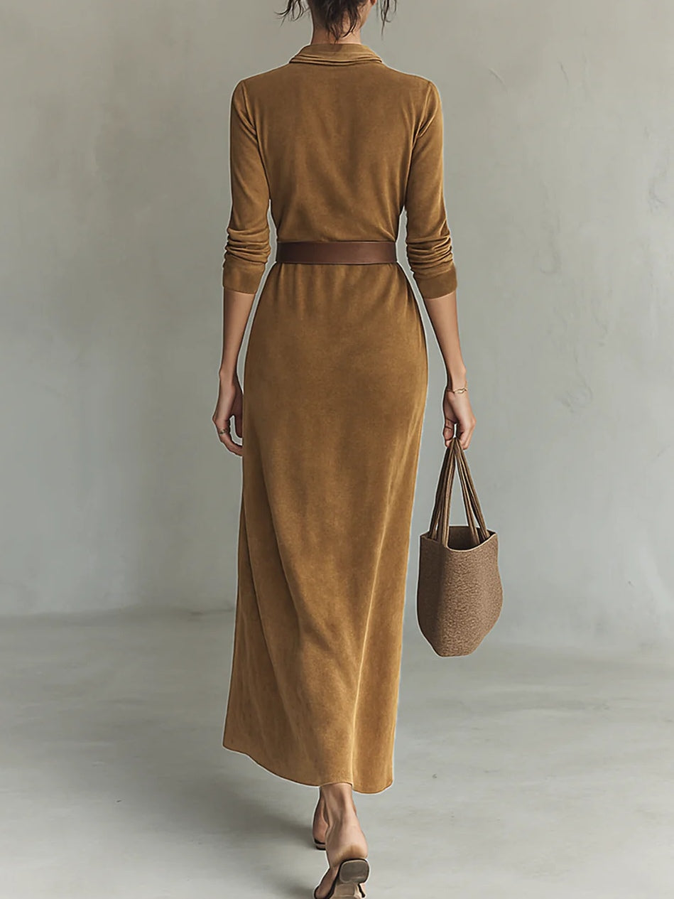 Solaire Suede™ | Elegant Vintage Maxi Shirt Dress