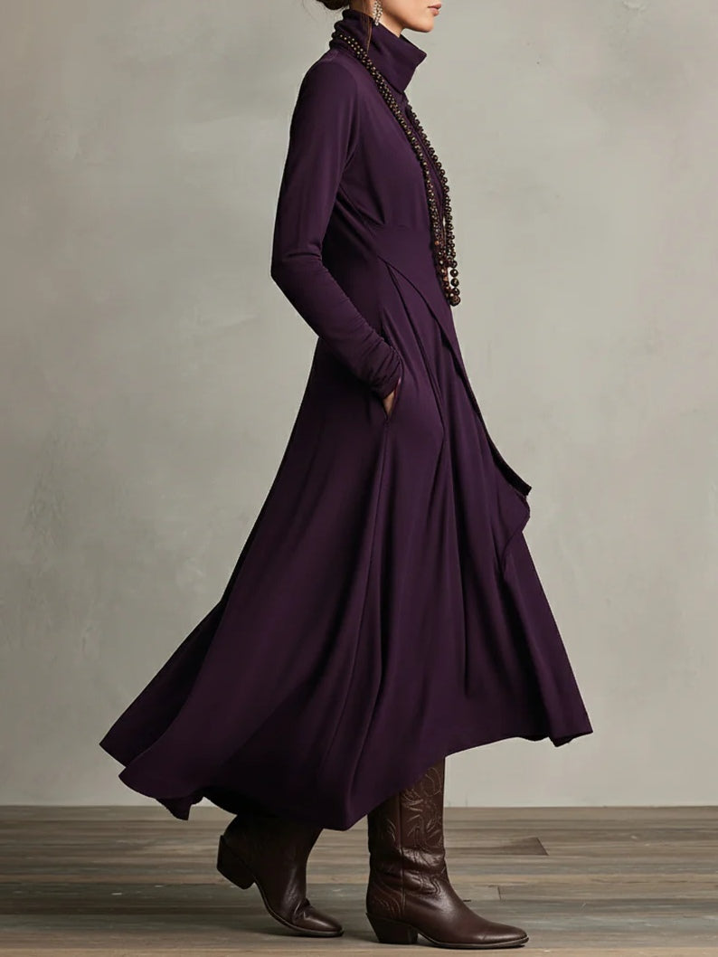 Purple High-neck Asymmetrical Pleated Maxi Dress（Necklace not included）