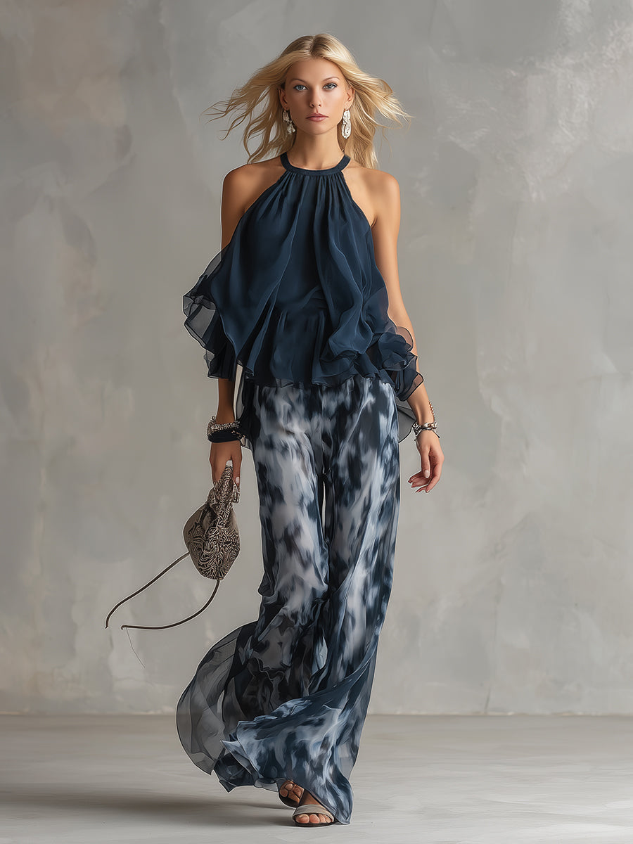 Ludovica - elegant in chiffon with a high-neck top and wide printed pants
