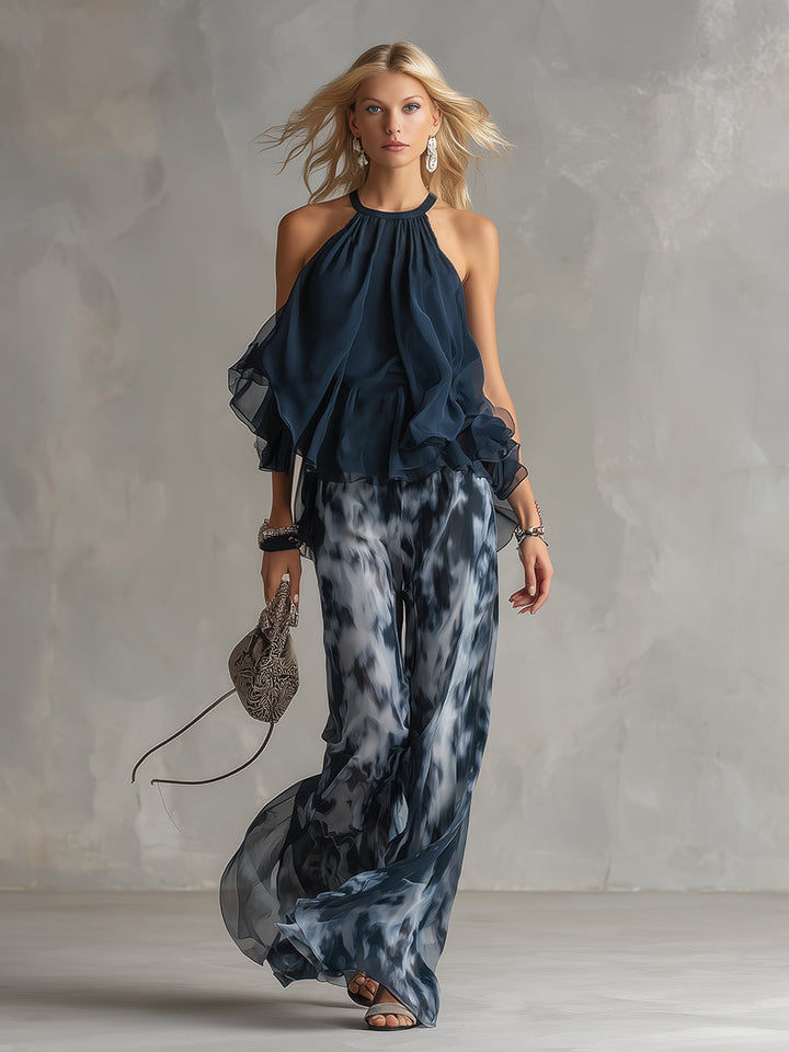 Ludovica - elegant in chiffon with a high-neck top and wide printed pants