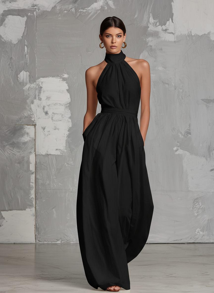 Fiamma | Elegant white jumpsuit in woven fabric with sleeveless halter neck