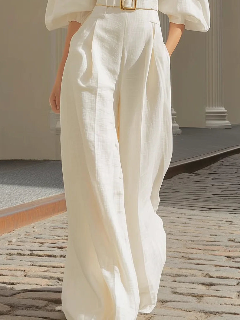 White V-neck Lantern Sleeve Wide Leg Jumpsuit (Includes Belt)