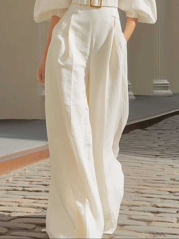 White V-neck Lantern Sleeve Wide Leg Jumpsuit (Includes Belt)