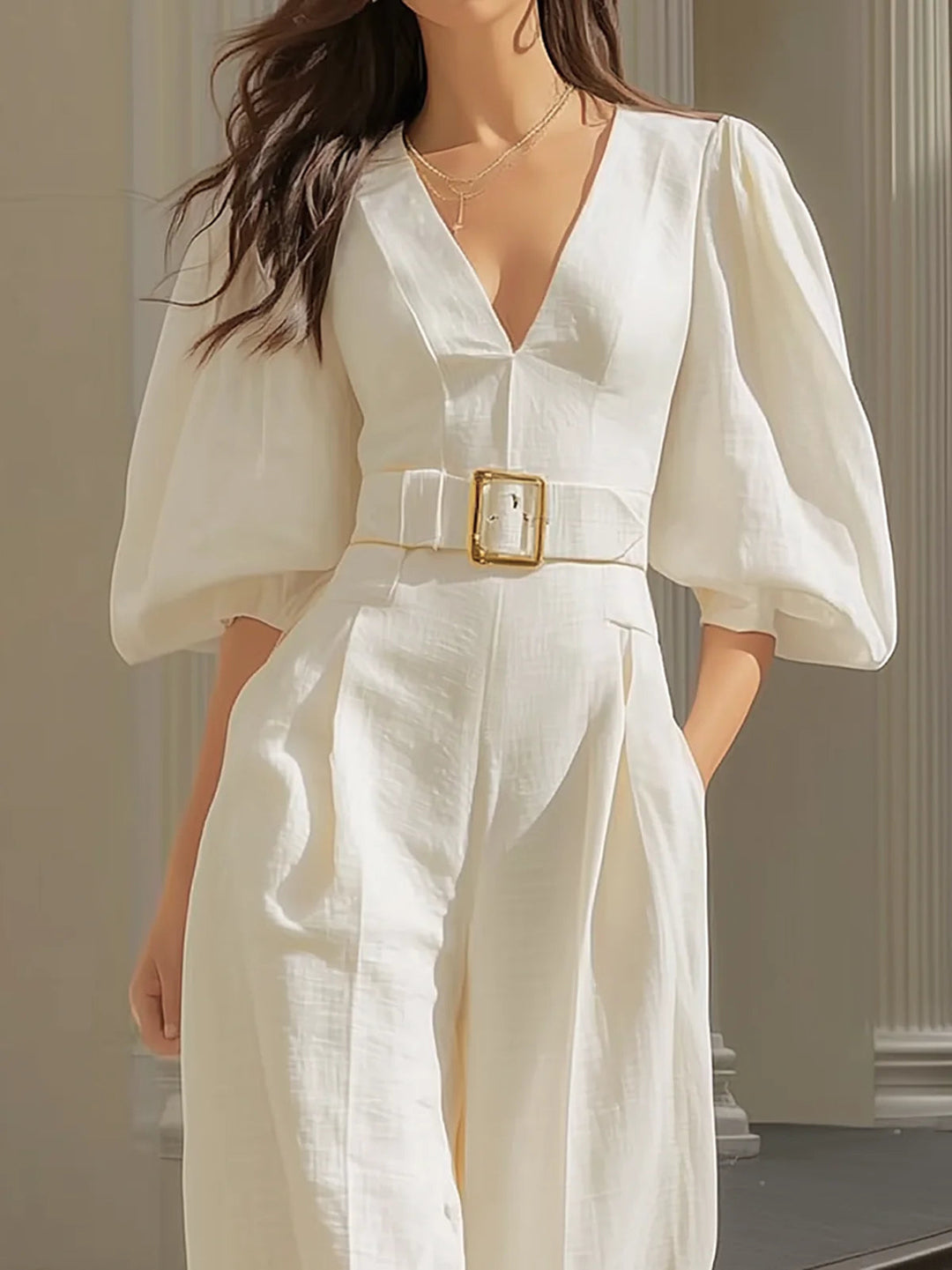 White V-neck Lantern Sleeve Wide Leg Jumpsuit (Includes Belt)