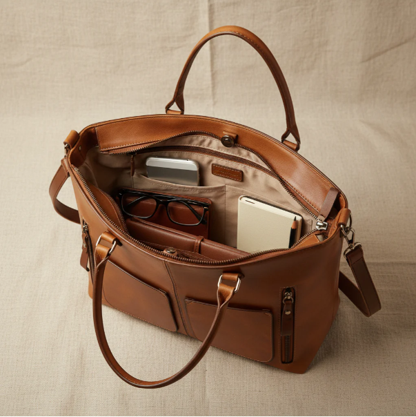 Dual Pocket Leather Handbag