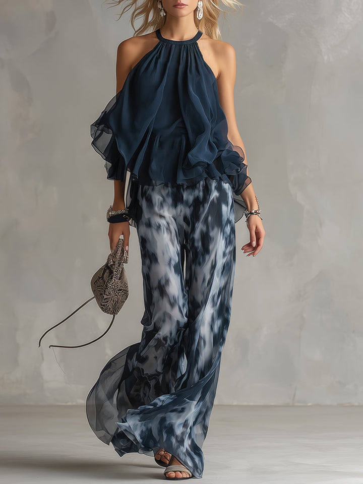 Ludovica - elegant in chiffon with a high-neck top and wide printed pants