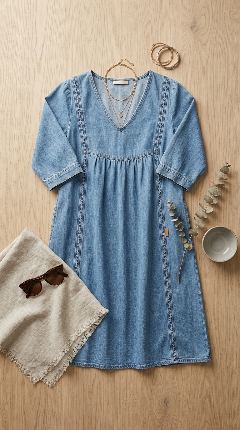Marielle™ | Elegant Lace Trim Denim Dress