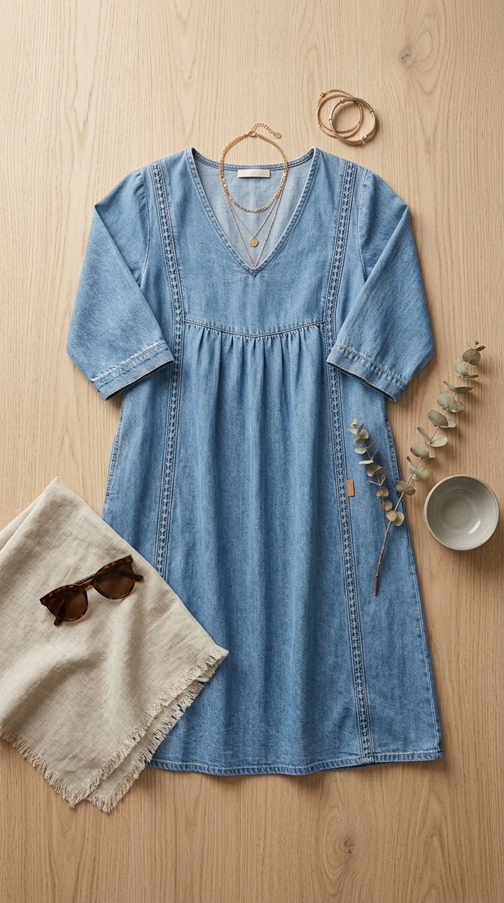 Marielle™ | Elegant Lace Trim Denim Dress