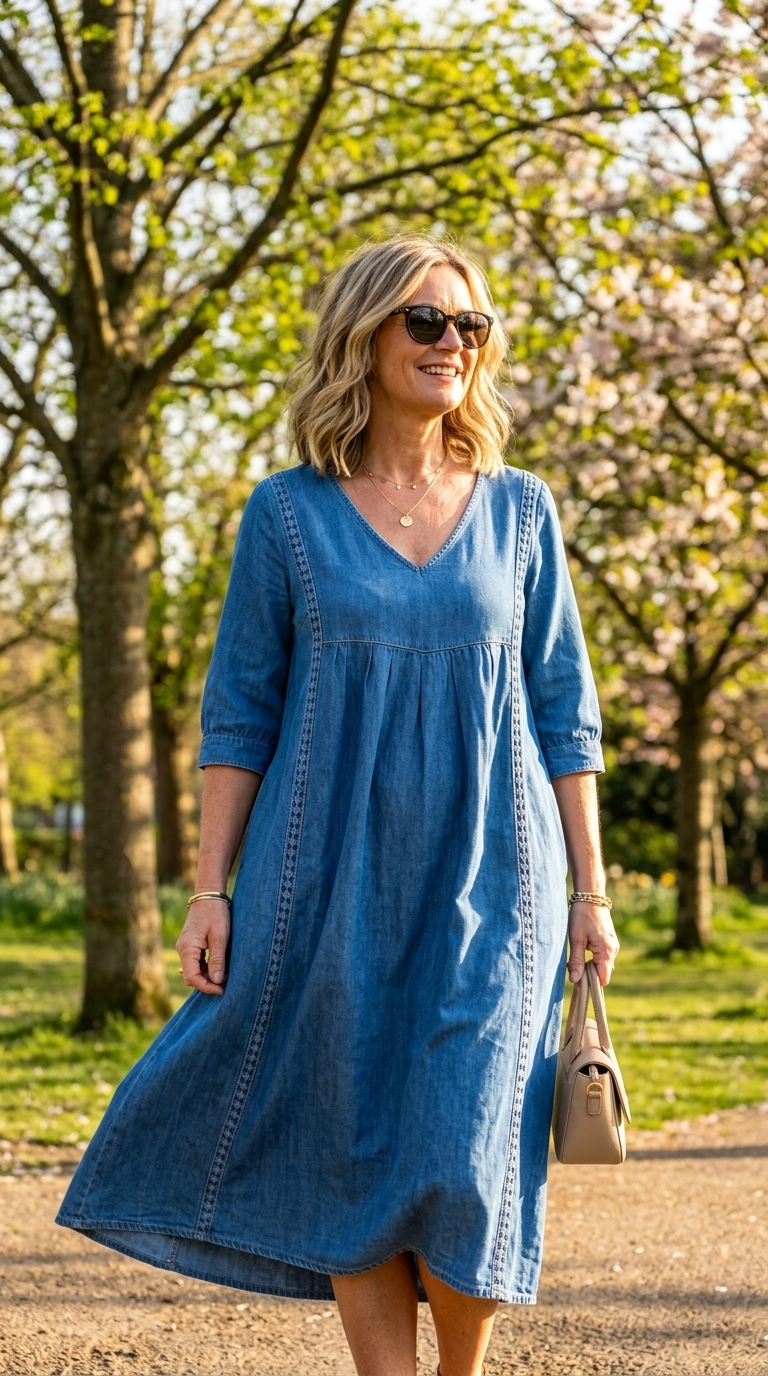 Marielle™ | Elegant Lace Trim Denim Dress