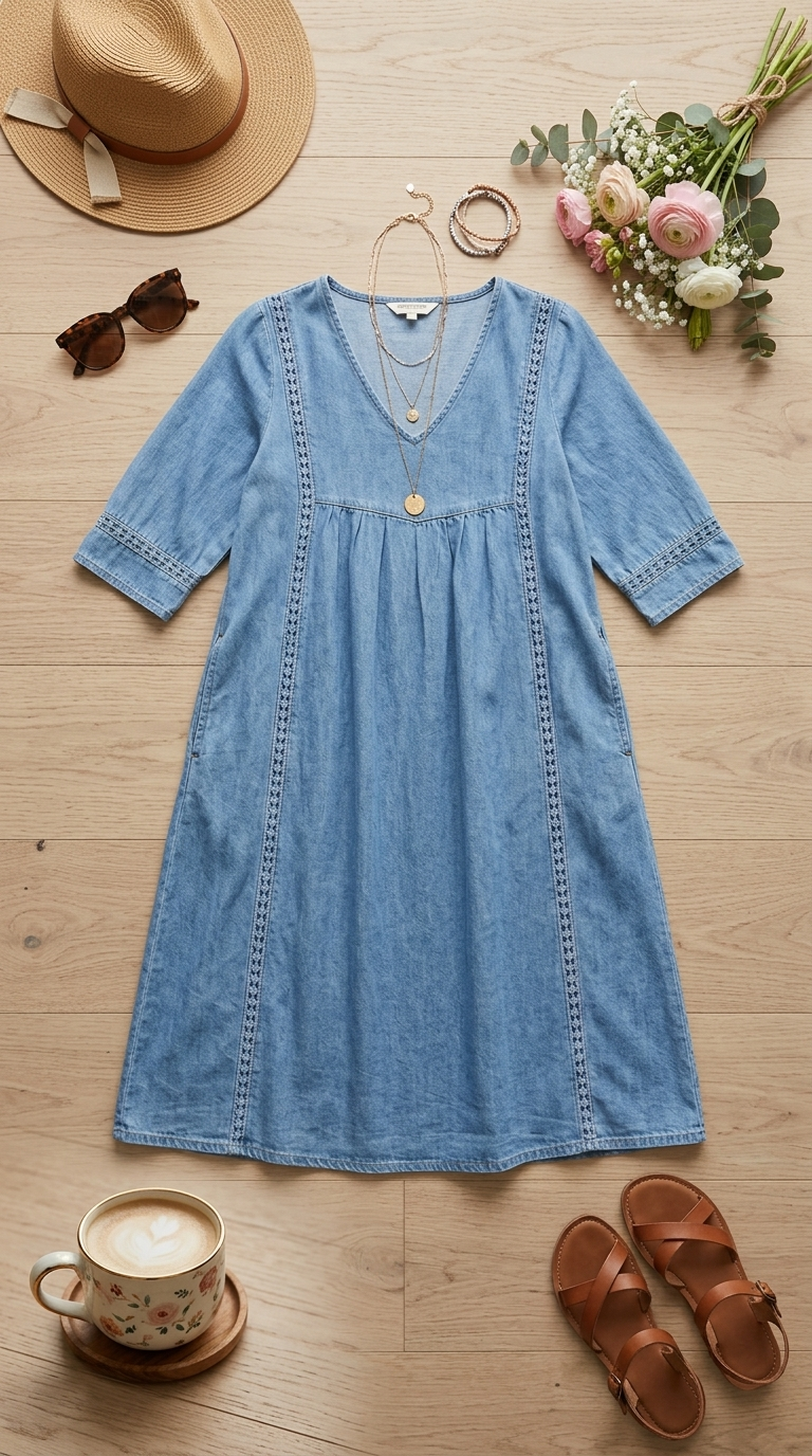 Marielle™ | Elegant Lace Trim Denim Dress