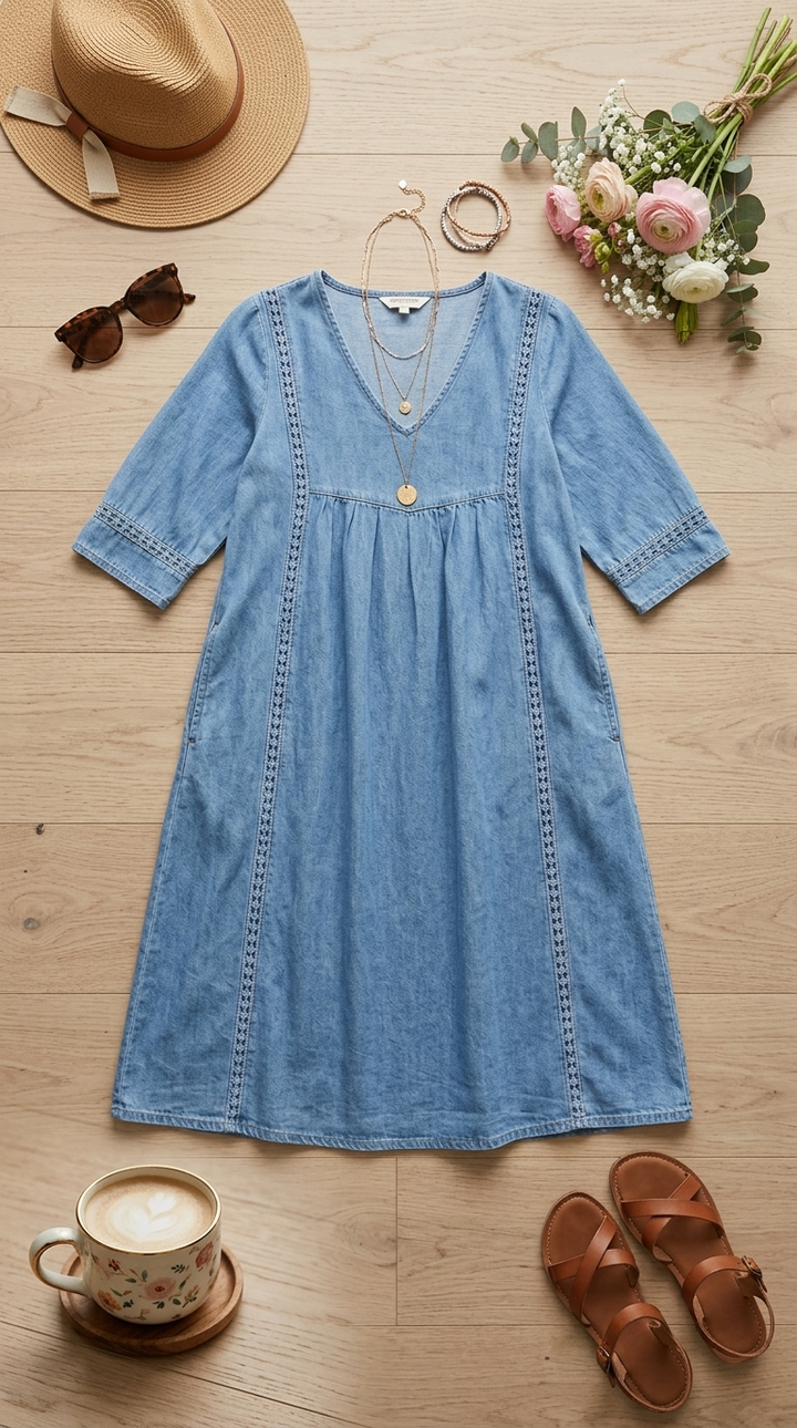 Marielle™ | Elegant Lace Trim Denim Dress