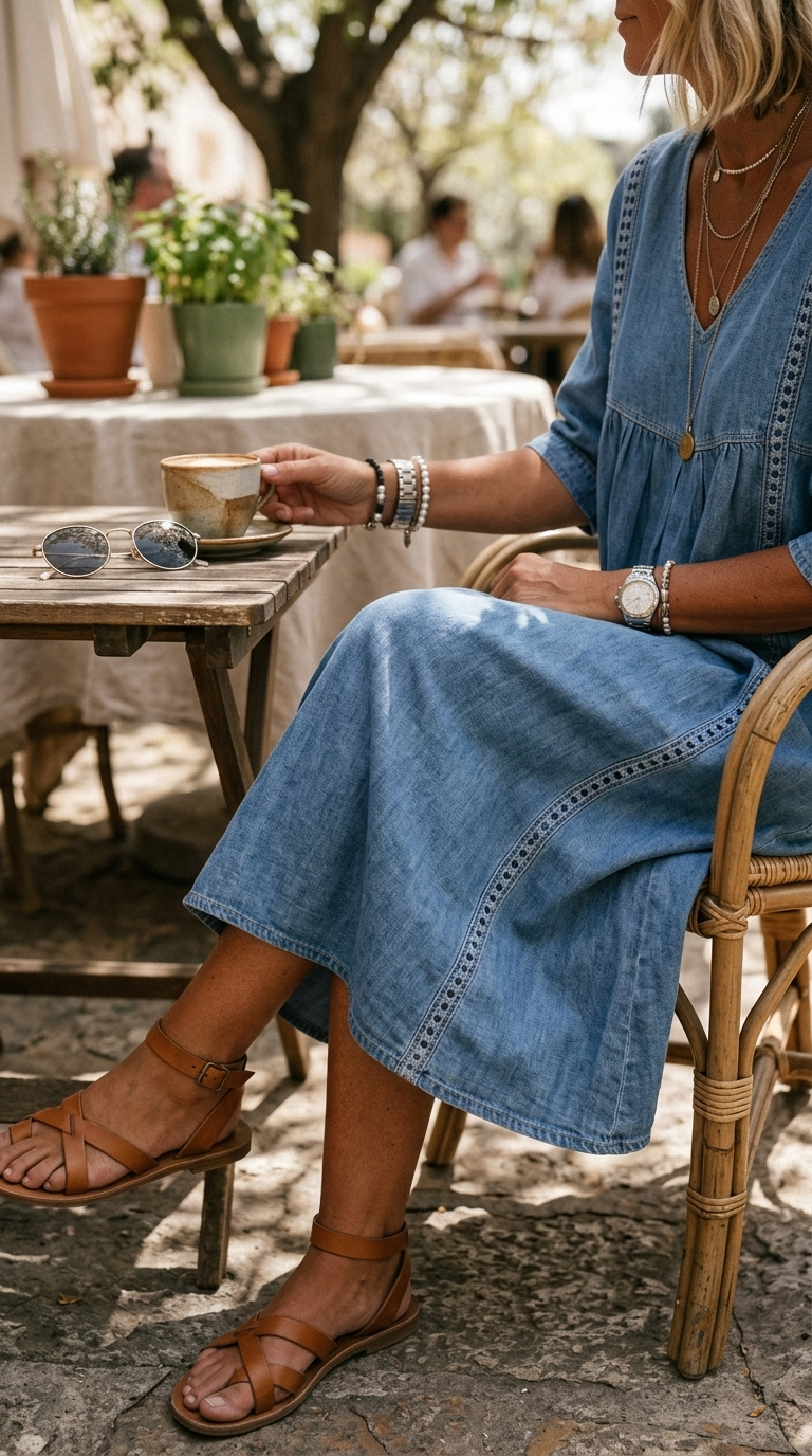 Marielle™ | Elegant Lace Trim Denim Dress