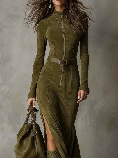 Aurelia Suede High-Neck Slit Maxi Dress