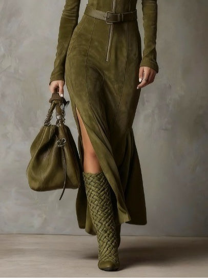 Aurelia Suede High-Neck Slit Maxi Dress