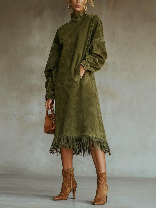Aurelia Fringe™ | Vintage Suede High-Neck Midi Dress